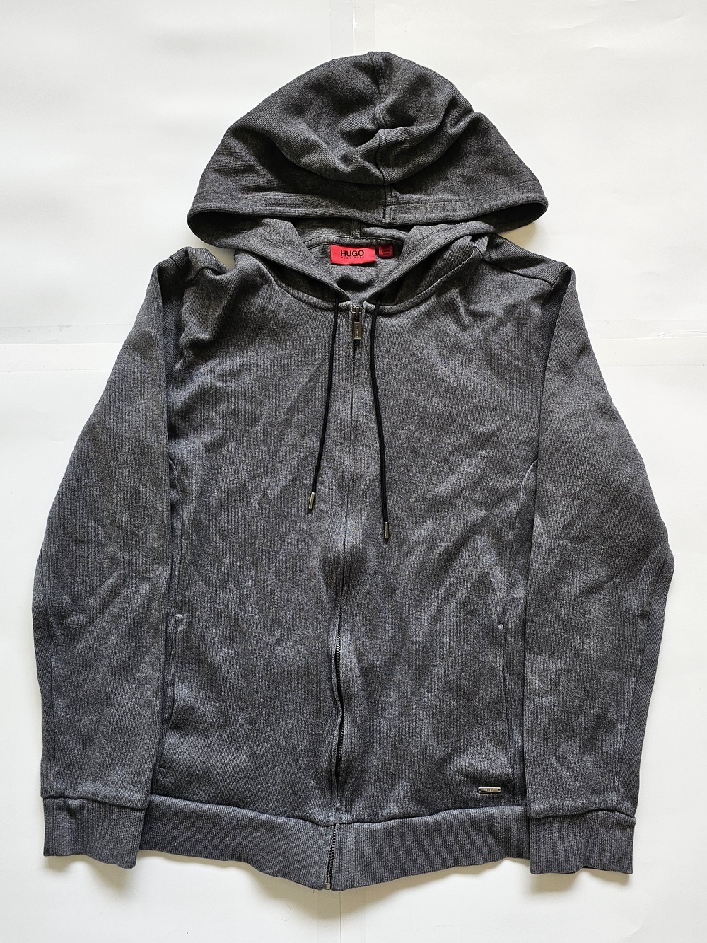 HUGO Men's Dark Charcoal Full-Zip Hooded Sweater Sz. Medium